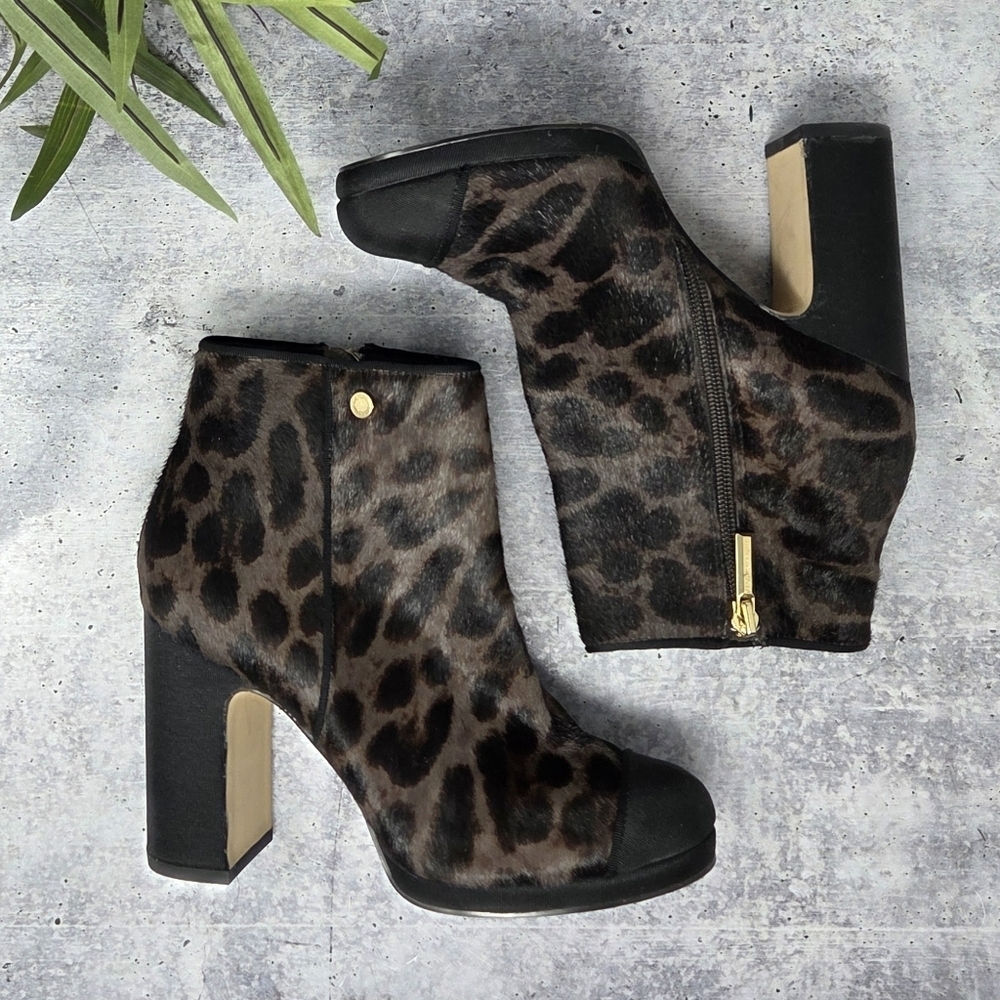 Karl Lagerfeld Black Brown Calfhair Leopard Lainey Heeled Ankle Bootie Size 5